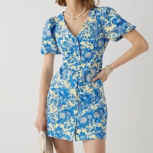 J.Crew Front Puff Sleeve Mini Dress Blue Yellow Floral